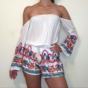 SAGE Strapless Tie Front Embroidered Romper